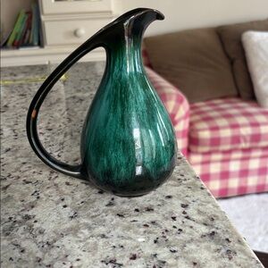Vintage Blue Mountain Teal Drip Glaze Pitchet.  6” Vase